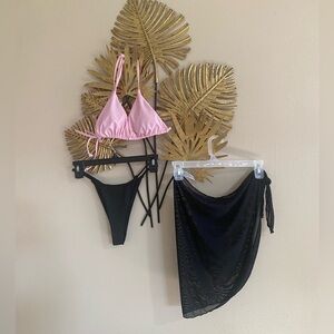 Pink and Black Bikini Set with Sheer Cover-Up